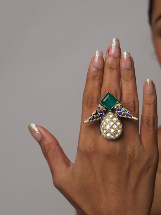 Dual-wear silver ring brooch with kundan pineapple shape and enamel parrot detailing, handcrafted in 92.5 silver