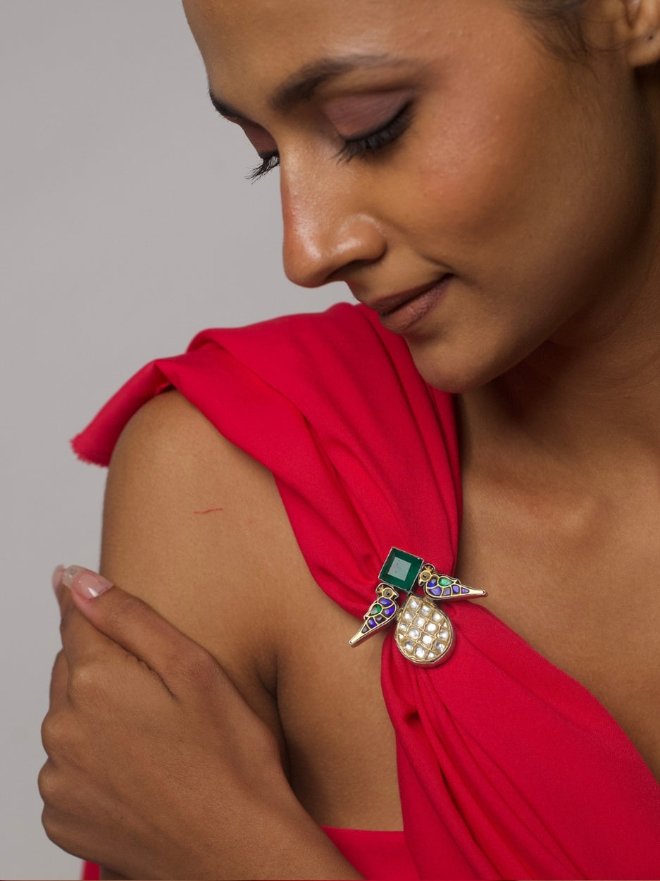 Dual-wear silver ring brooch with kundan pineapple shape and enamel parrot detailing, handcrafted in 92.5 silver