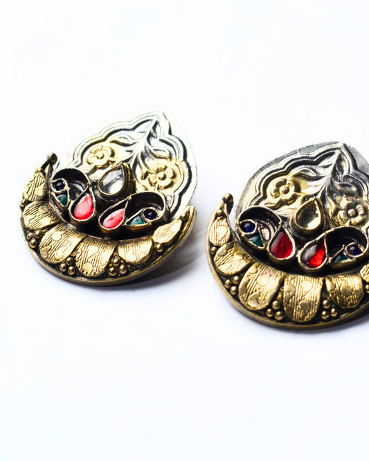 Side shot of Leaf & Lore silver stud earrings with leaf motif, oxidised 925 silver base, gold-polished detailing and multicolour stone accents – fusion silver jewellery by Naksa