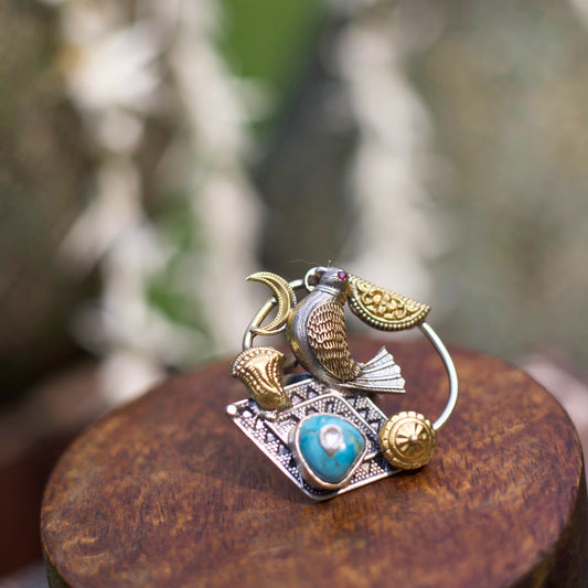 - Naksa - The Ring of Balance, Oxidized Pure Silver Parrot Ring with Blue Stone