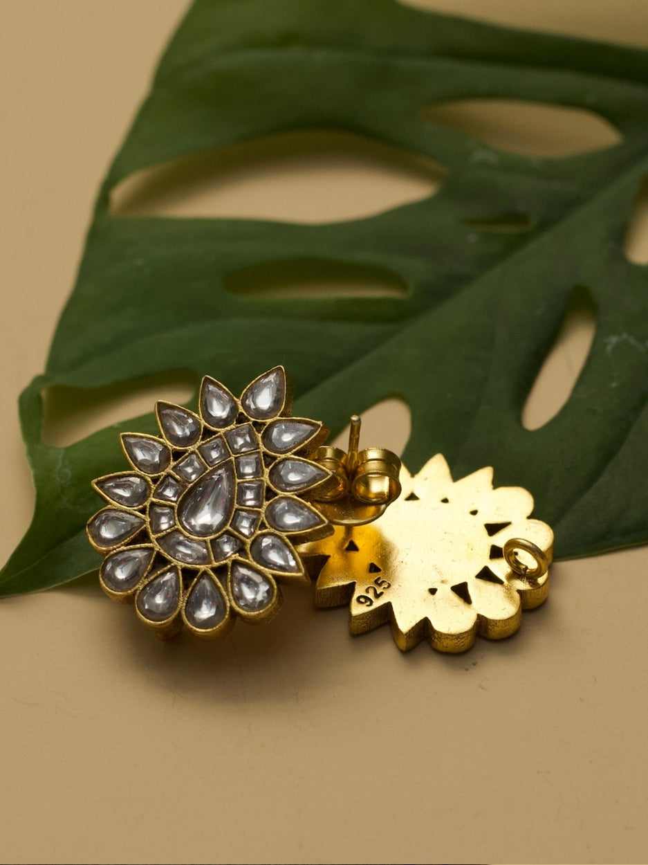 Polki Phool Studs in 925 silver with gold polish and floral Kundan Polki design – heritage Indian earrings
