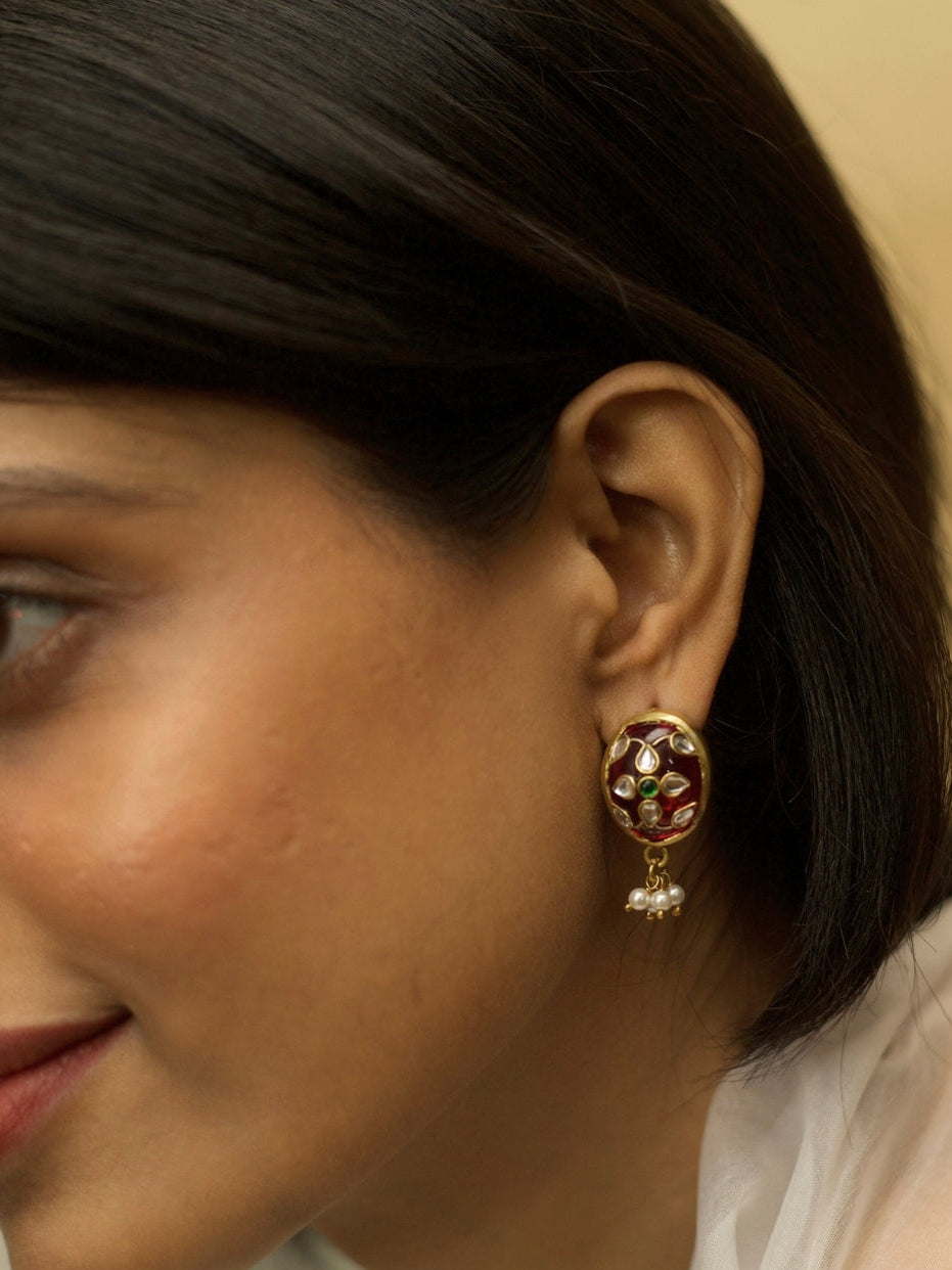 Watermelon Dream Studs – 925 silver earrings with watermelon-colored stone, kundan detailing, and elegant pearl drops