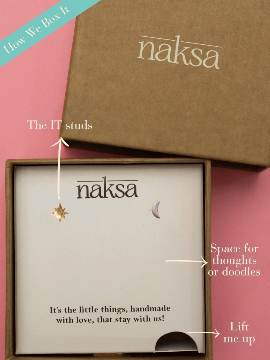 You're My Universe Studs by Naksa—mismatched 925 silver earrings featuring a gold-polished sun and matte silver moon.
