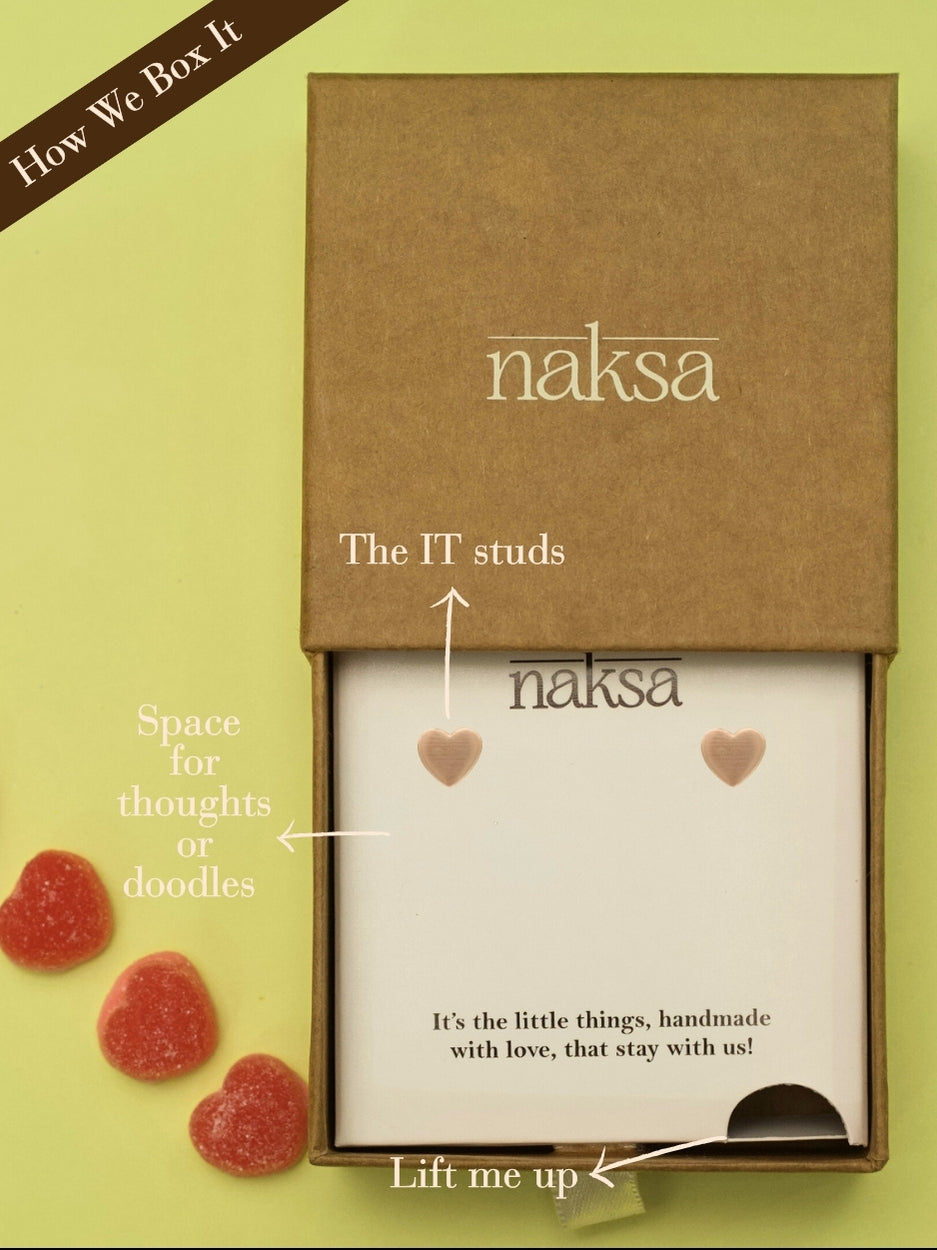 Heartfelt Minis — Rosé by Naksa: matte rose gold heart-shaped 925 silver earrings designed for minimal everyday love.