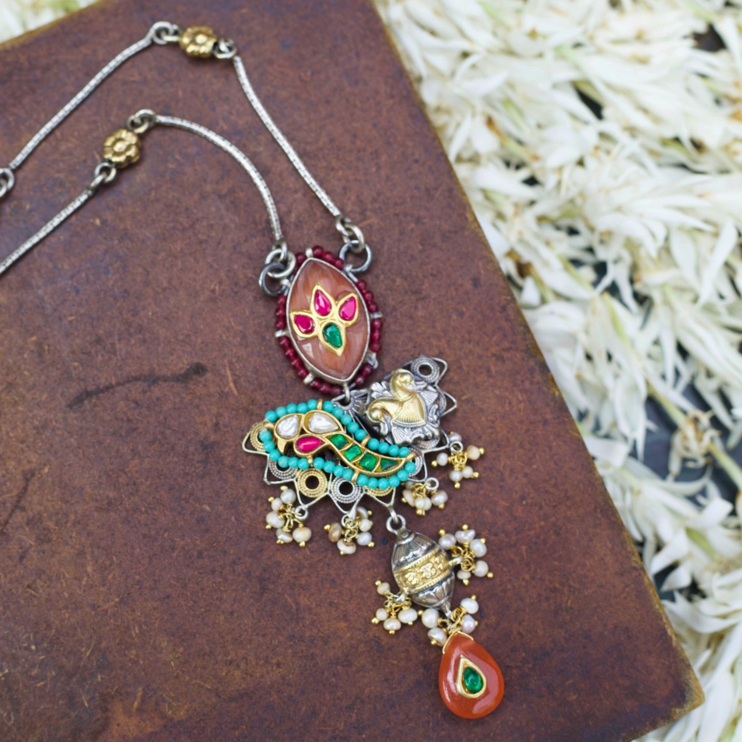 Tyohaar ki Maala Necklace, Festive Silver Long Necklace with Parrot Pendant