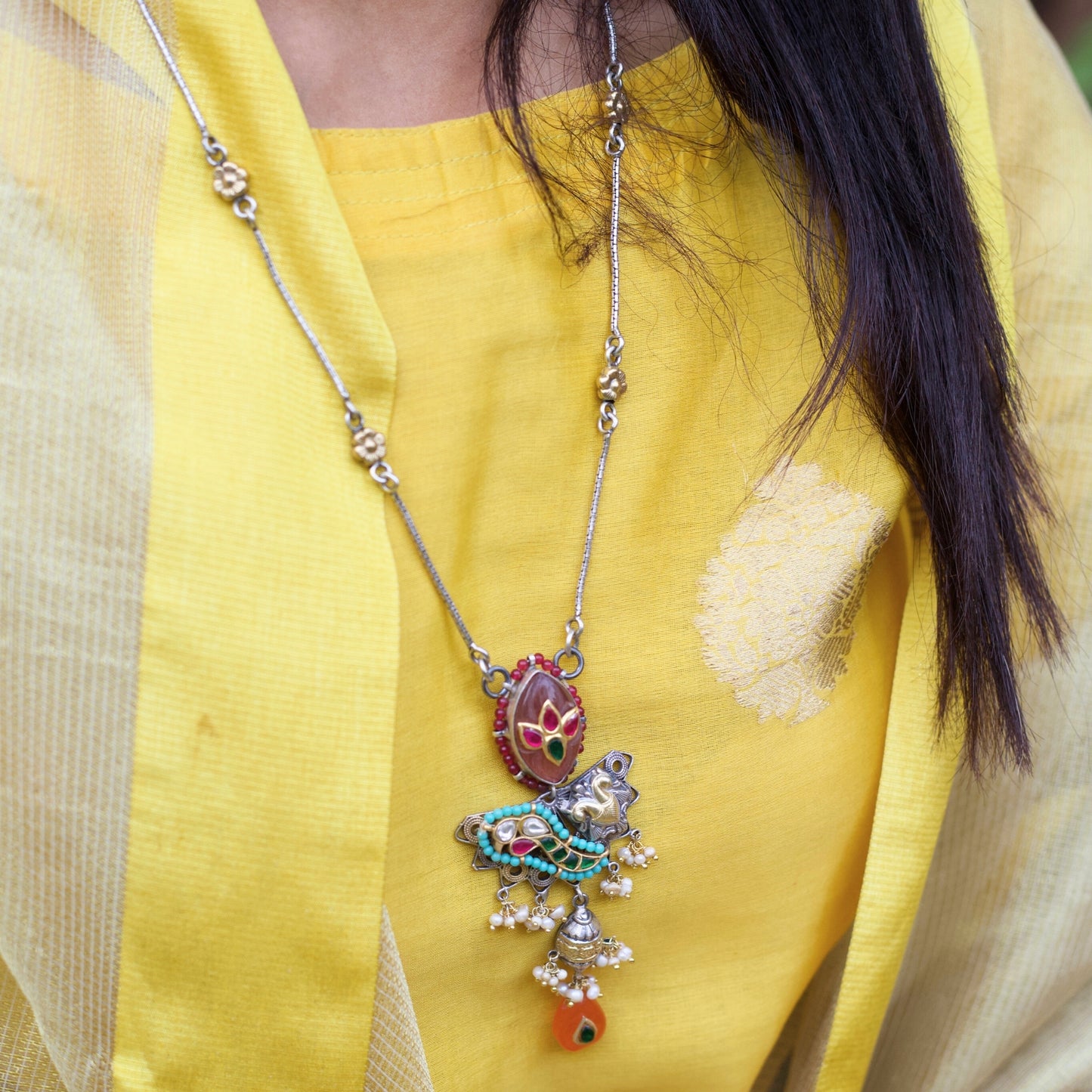 Tyohaar ki Maala Necklace, Festive Silver Long Necklace with Parrot Pendant