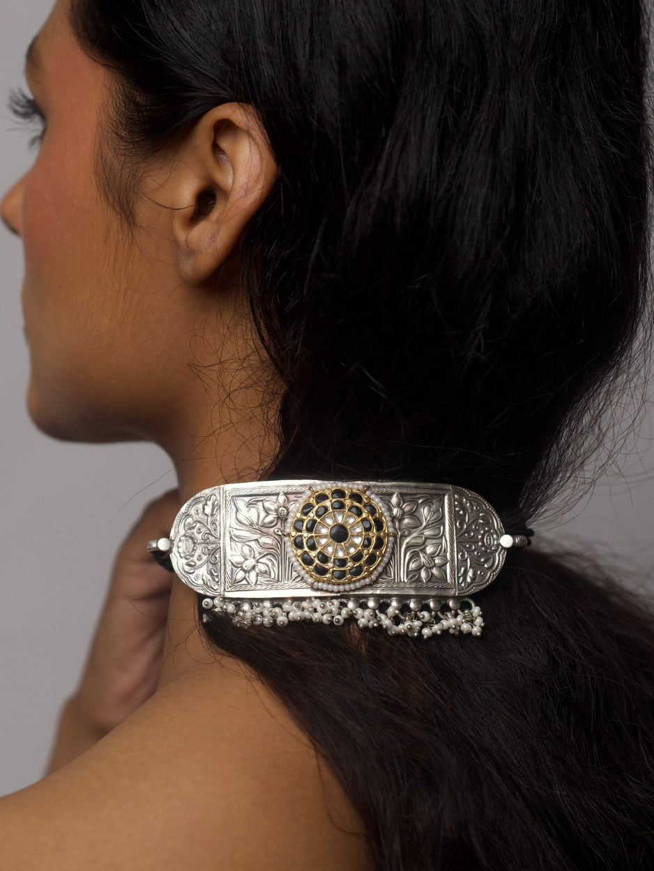 Hand-engraved 92.5 silver choker with floral motif, black enamel centre, kundan detailing, and pearl fringe – The Floral Vault Choker by Naksa