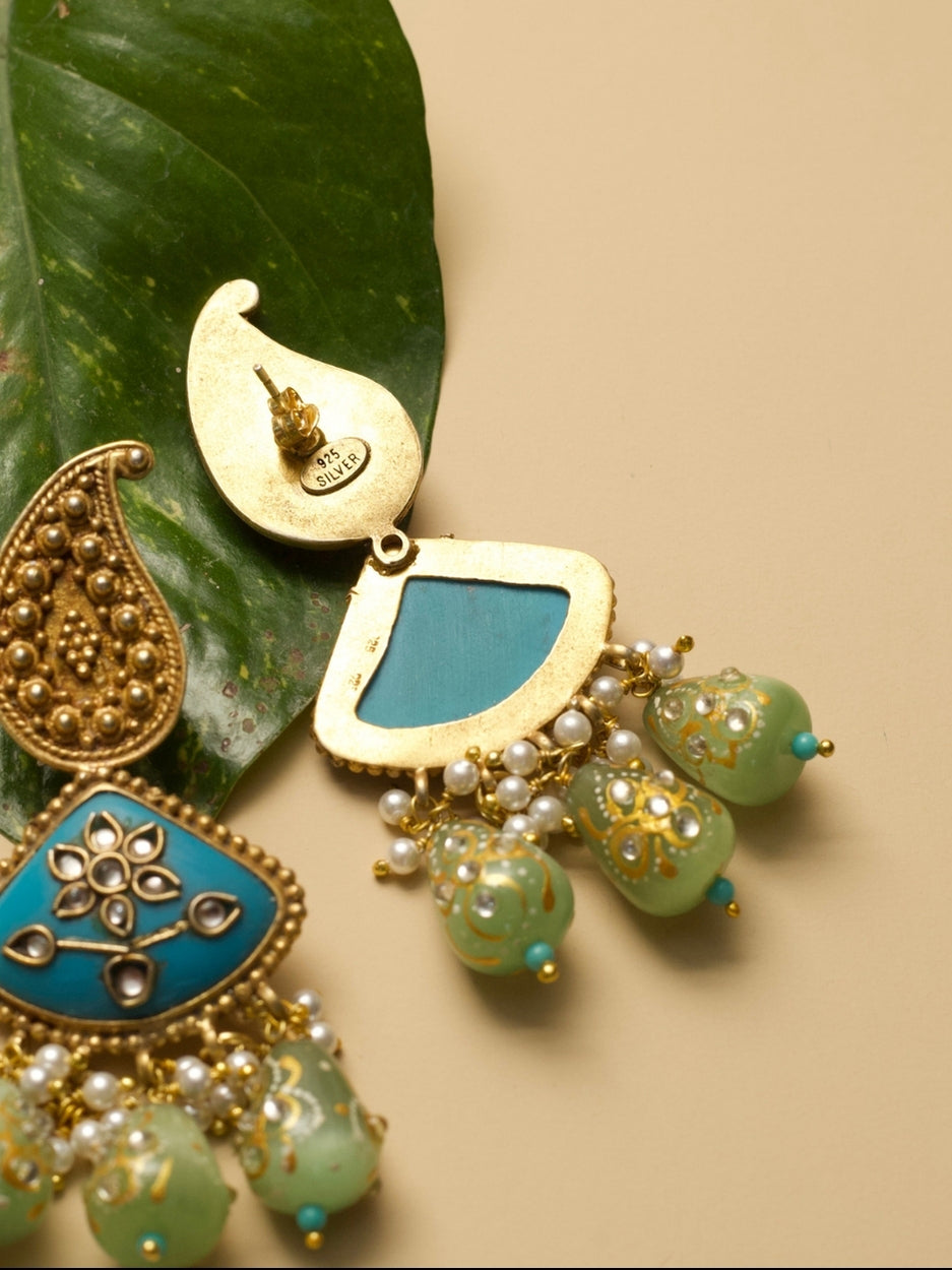 Naksa 925 silver Rain Earrings with golden polish, ferozi and green kundan stones, inspired by raindrops and monsoon beauty