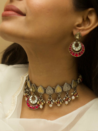 Two-tone pure silver choker with pink stones and pearl drops