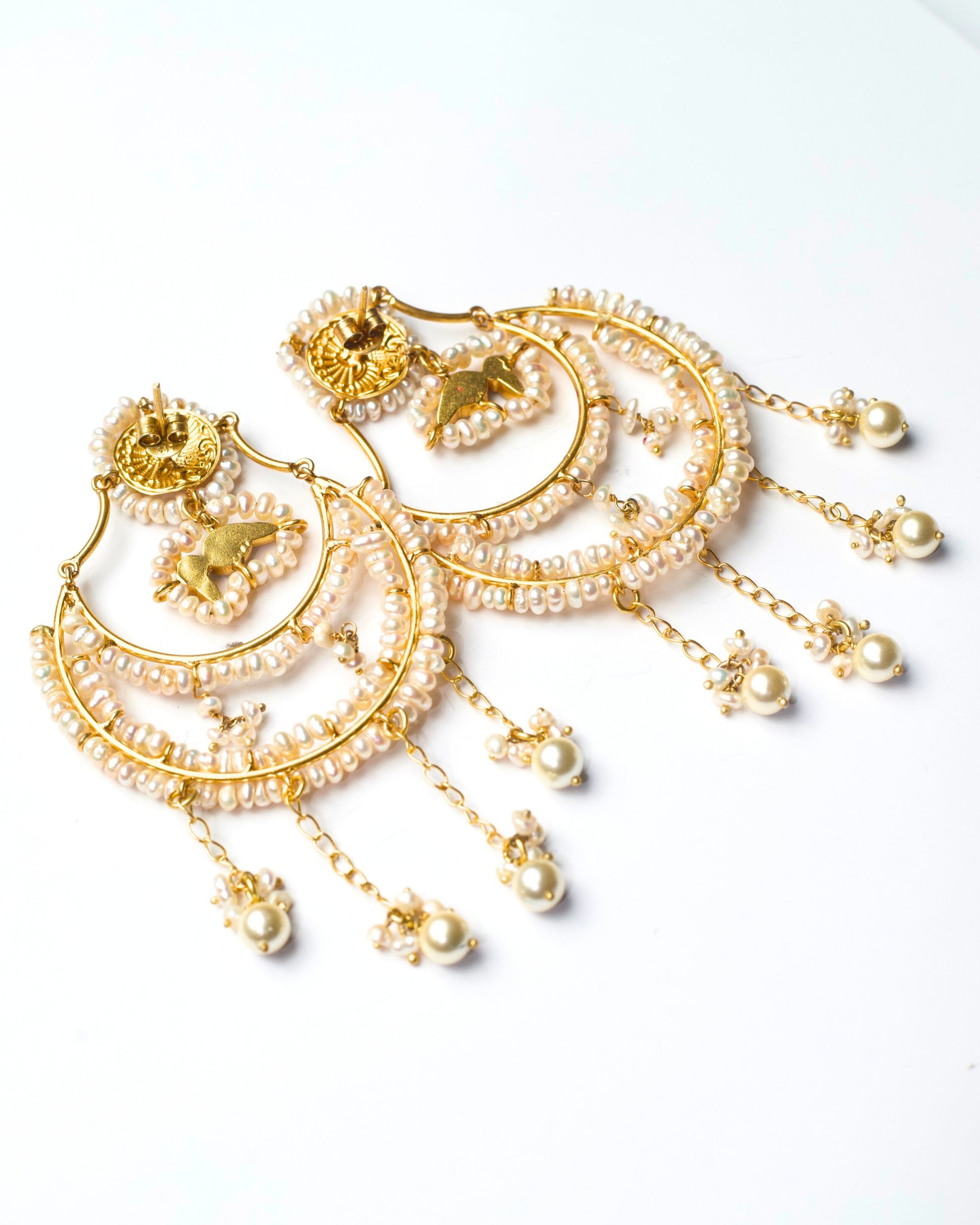 Mooncourt Pearl Drops earrings – back view close-up highlighting silver framework, edging details, and pearl attachments