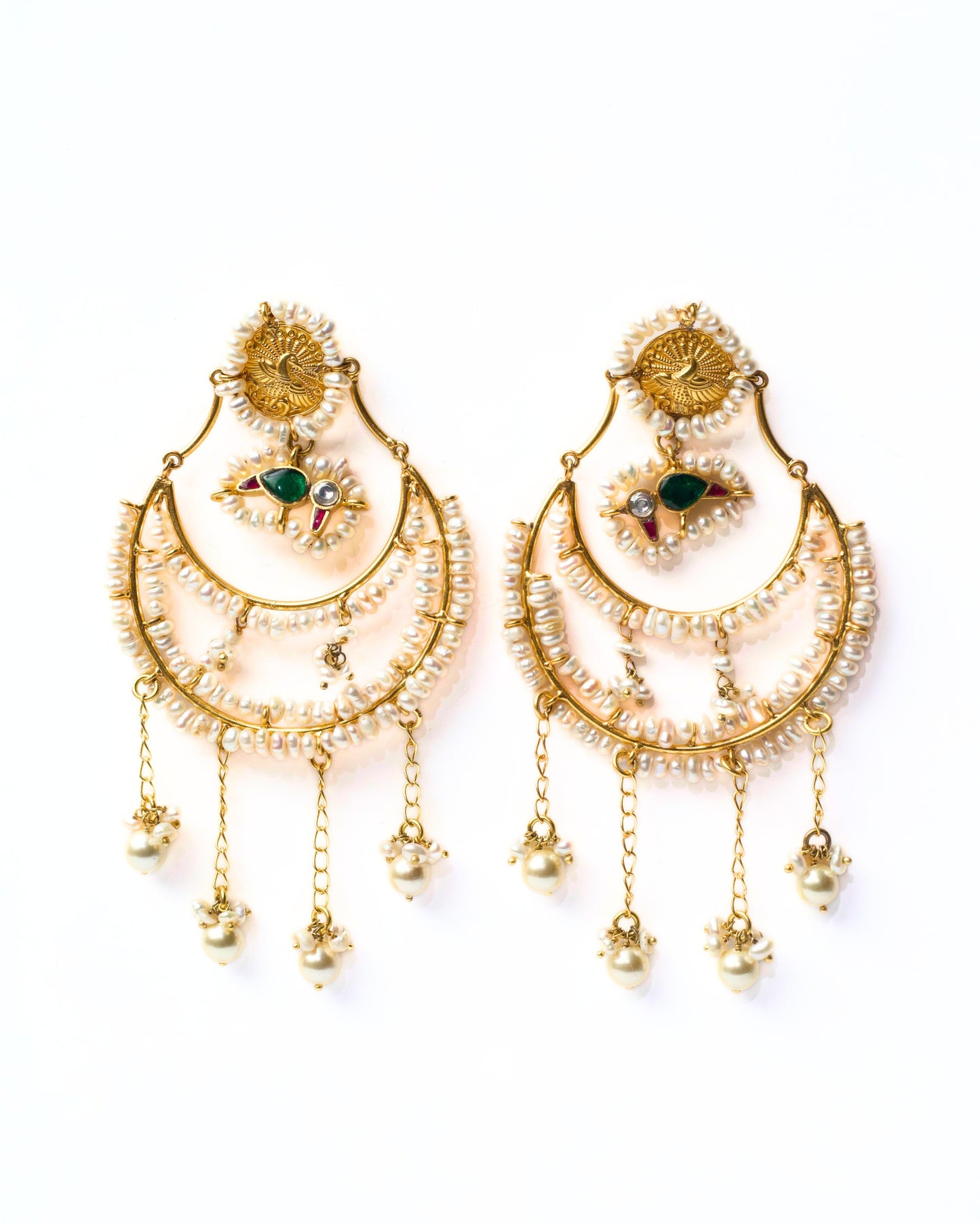 Mooncourt Pearl Drops earrings – front view showing structured stud, crescent moon form, and cascading pearl drops in fusion silver jewellery