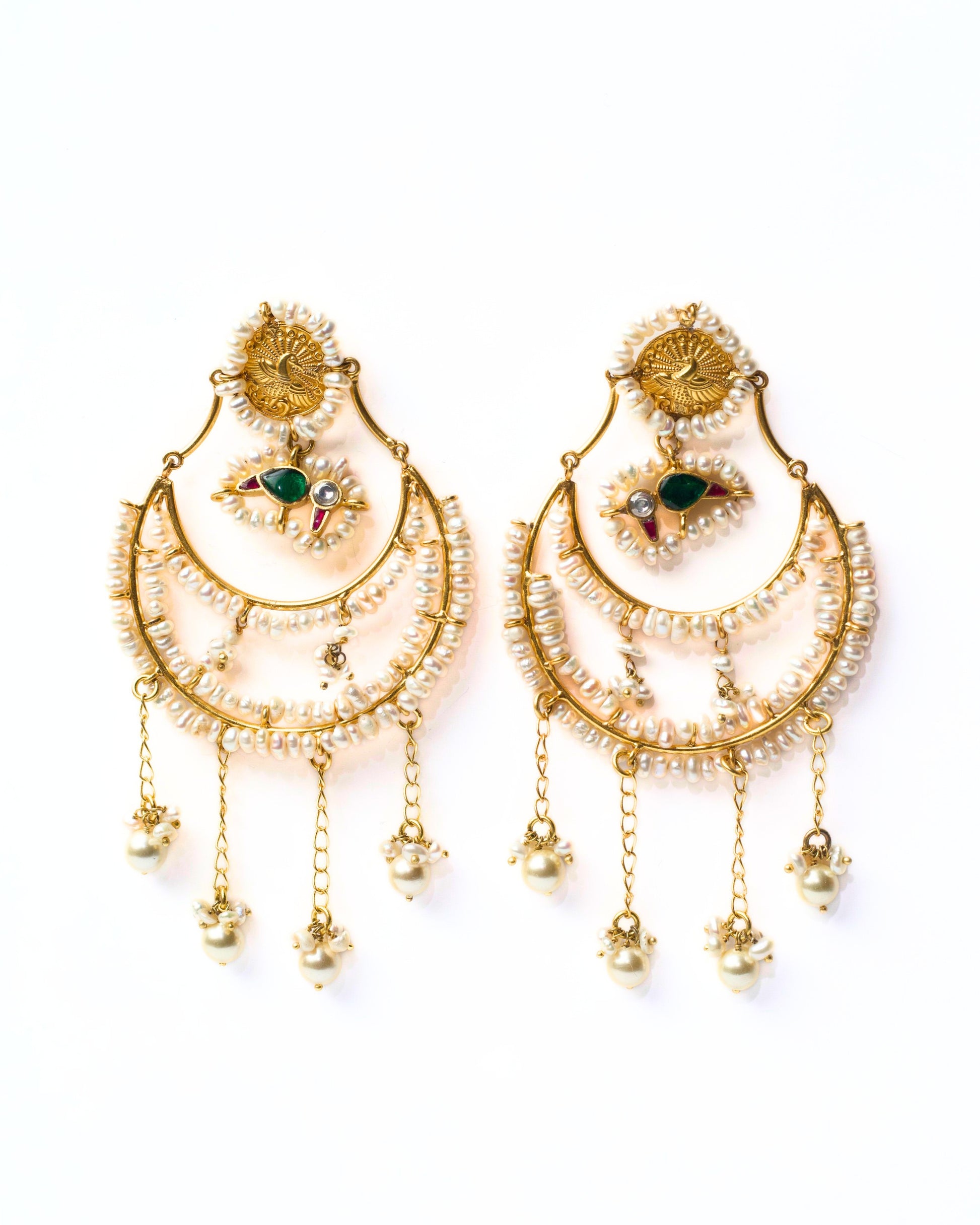 Mooncourt Pearl Drops earrings – front view showing structured stud, crescent moon form, and cascading pearl drops in fusion silver jewellery