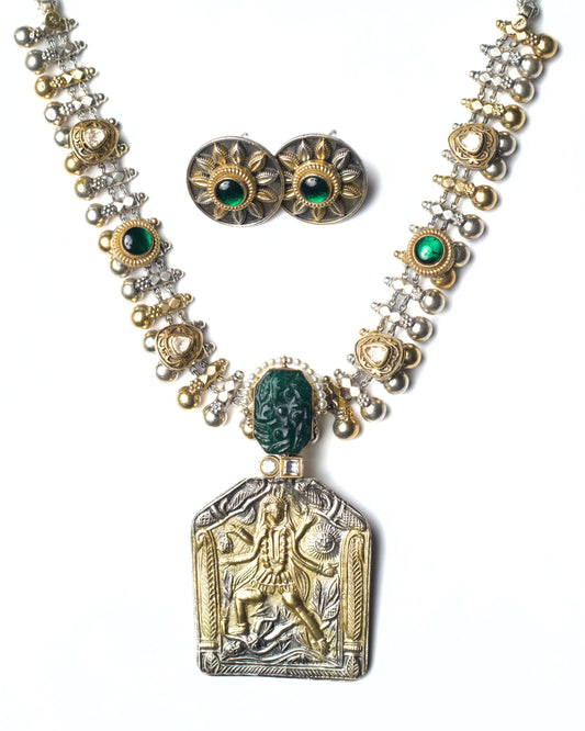 Excavated Durga necklace set with antique silver relief and bead detailing