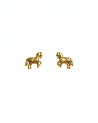 Small gold horse stud earrings with prancing leg and detailed saddle texture, polished finish, minimal white background.