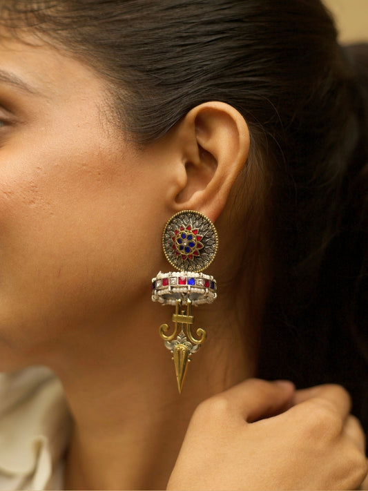 Triumph Bloom Earrings – Ruby Sapphire Glow, featuring detailed two-tone kundan artistry and bold 3D motifs by Naksa.