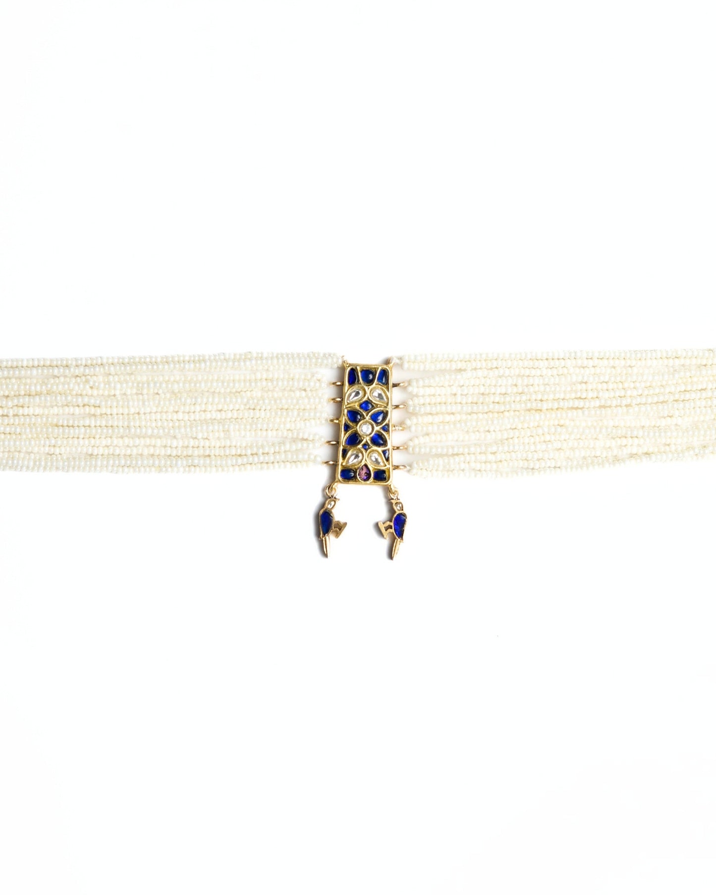 925 silver pearl choker with gold polish, blue enamel and kundan-style floral centre, featuring two small bird charms