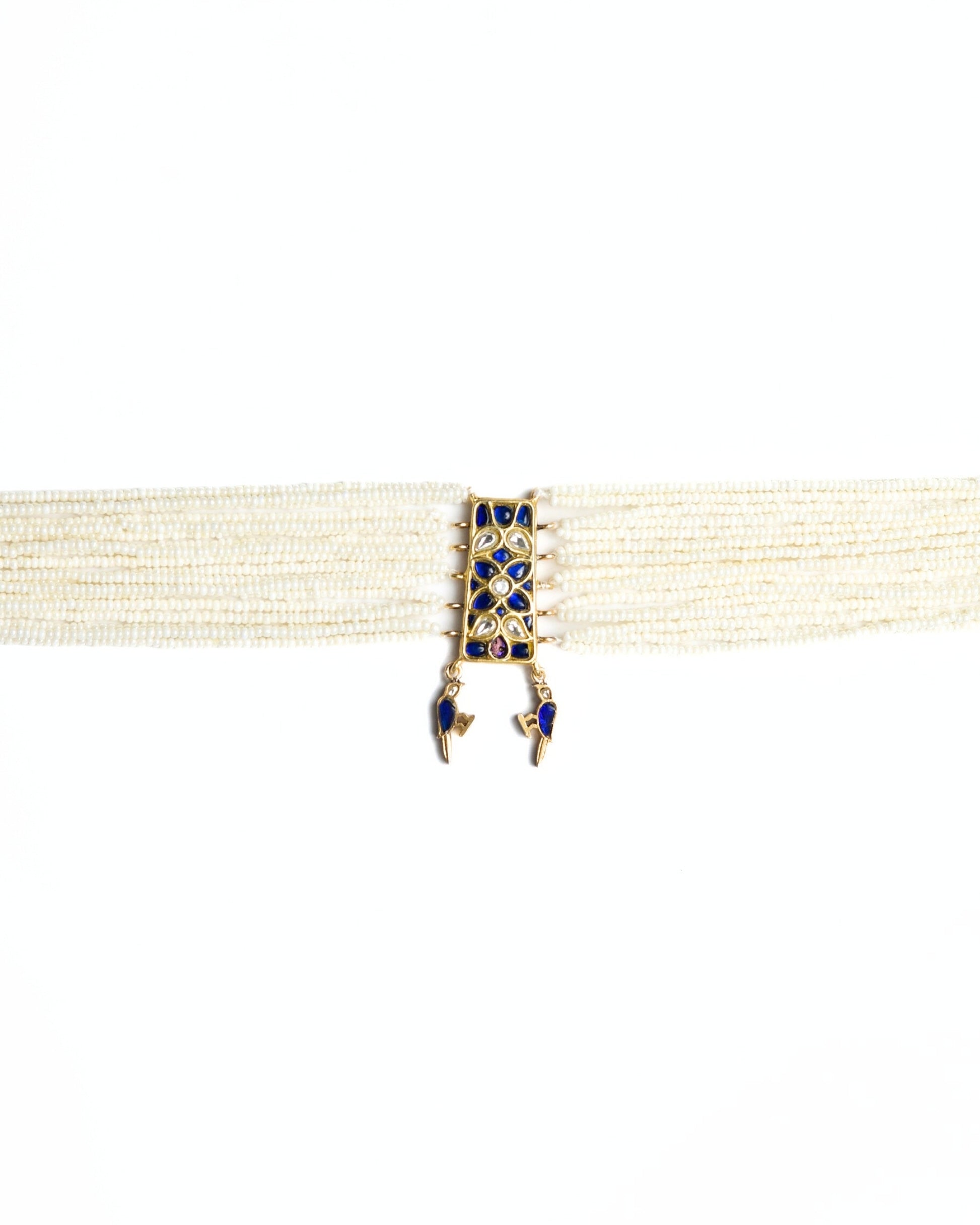 925 silver pearl choker with gold polish, blue enamel and kundan-style floral centre, featuring two small bird charms