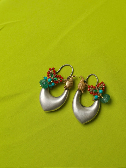 Pure 92.5 silver elongated hoop earrings with green drop, coral beads, and golden elephant charm – Naksa