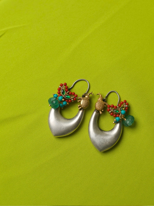 Pure 92.5 silver elongated hoop earrings with green drop, coral beads, and golden elephant charm – Naksa