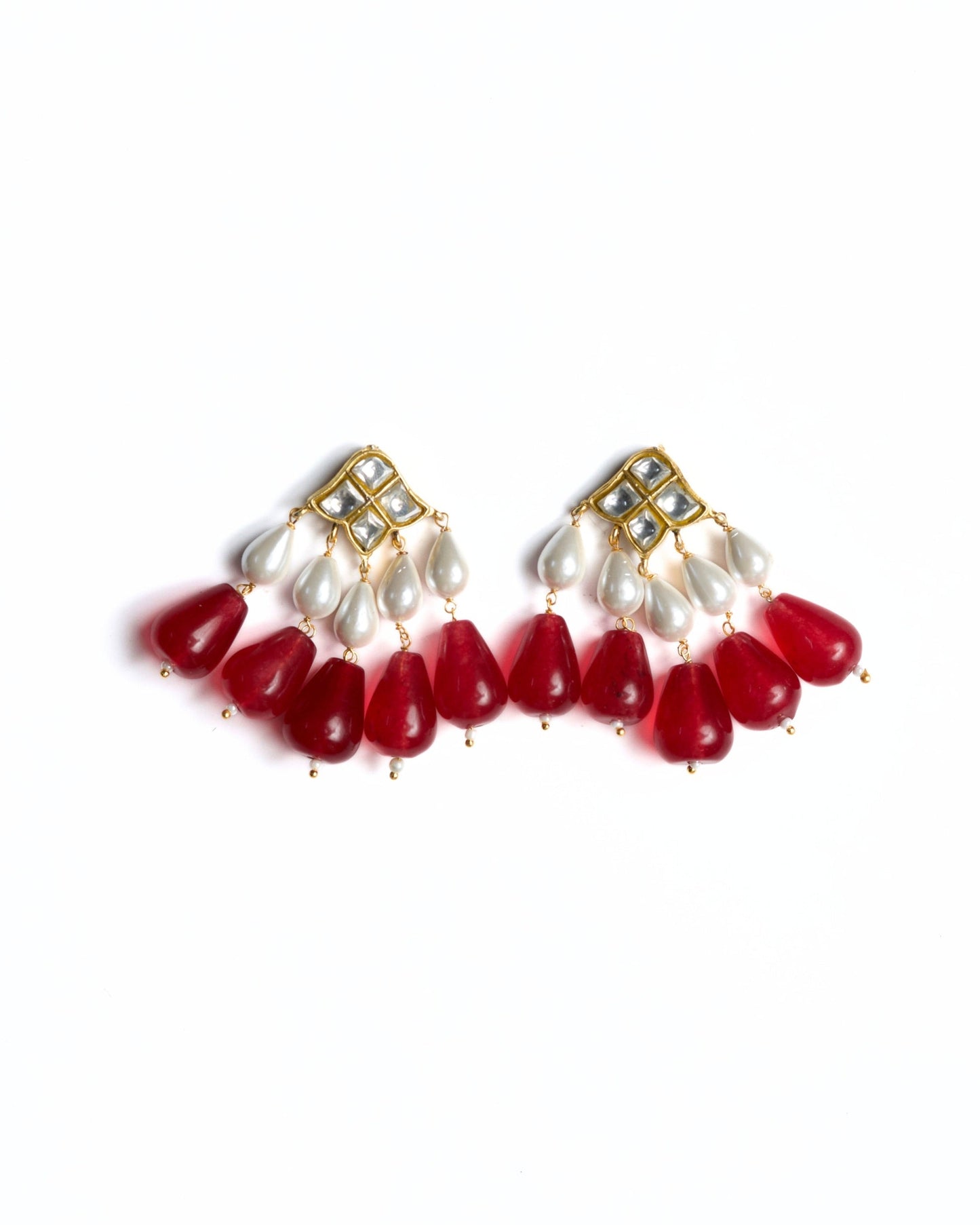 925 silver gold-polished earrings with kundan top, pearl drops and deep red pomegranate bead clusters