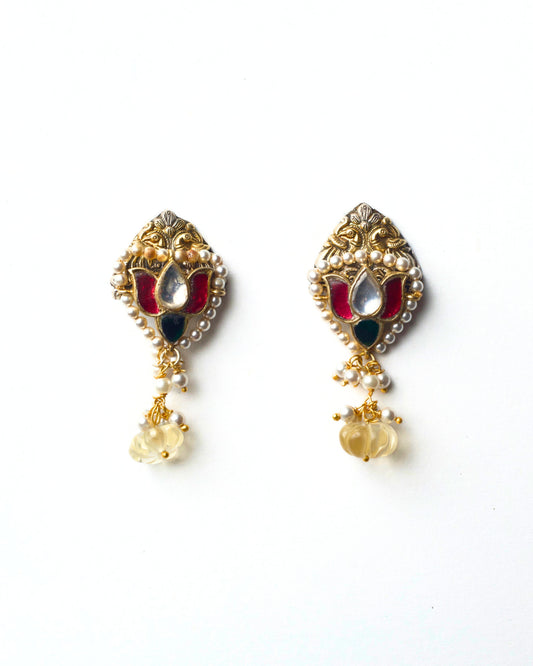 Padma Pearl Drop Earrings in 925 silver with lotus-inspired motif, pearl edging, and soft drop detail