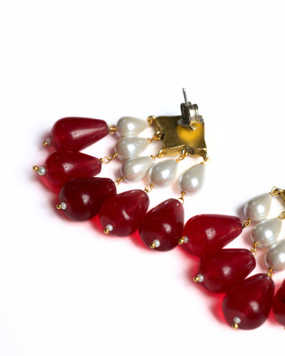 925 silver gold-polished earrings with kundan top, pearl drops and deep red pomegranate bead clusters