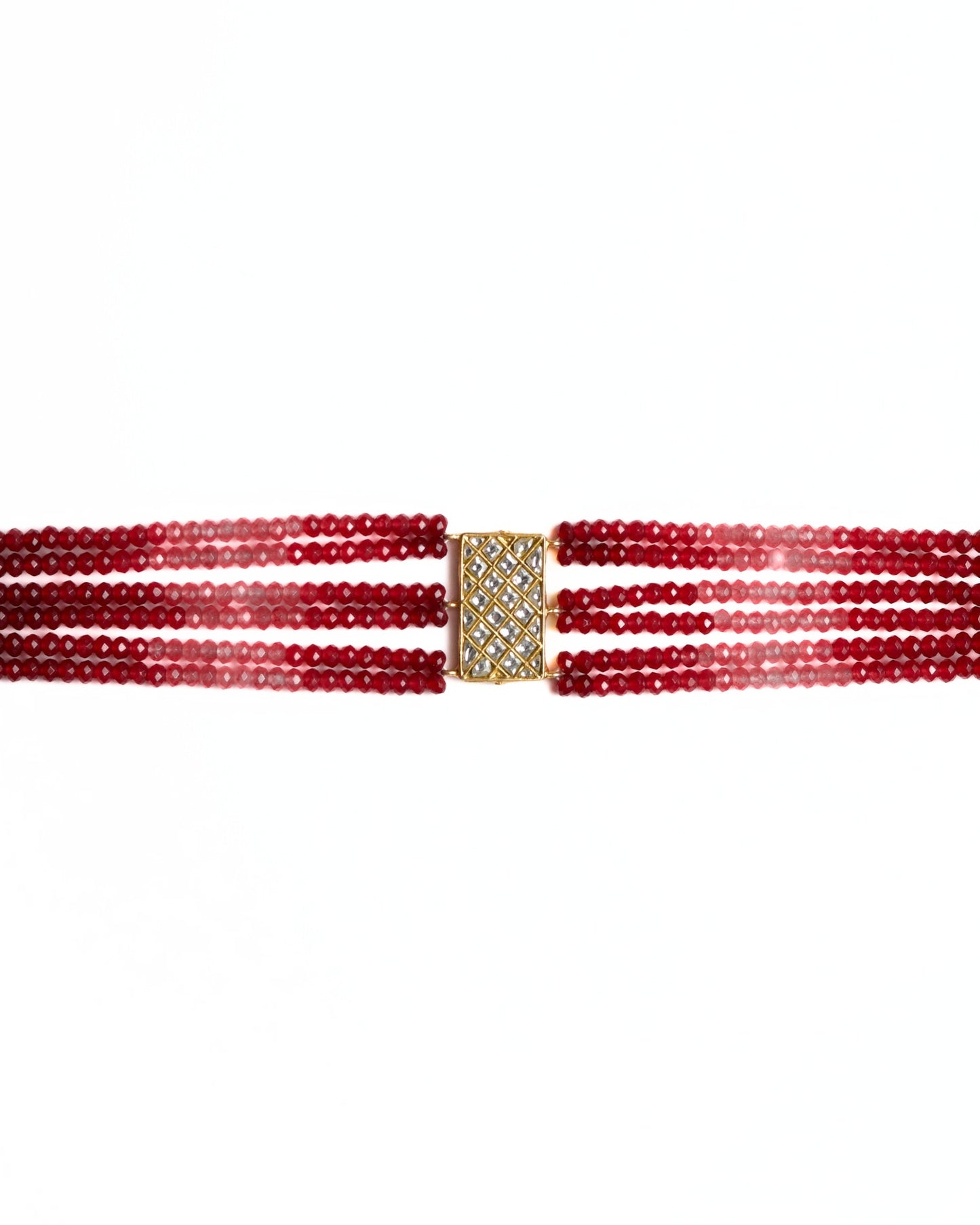 925 silver gold-polished red multi-strand choker with kundan lattice rectangular clasp and faceted crimson beads