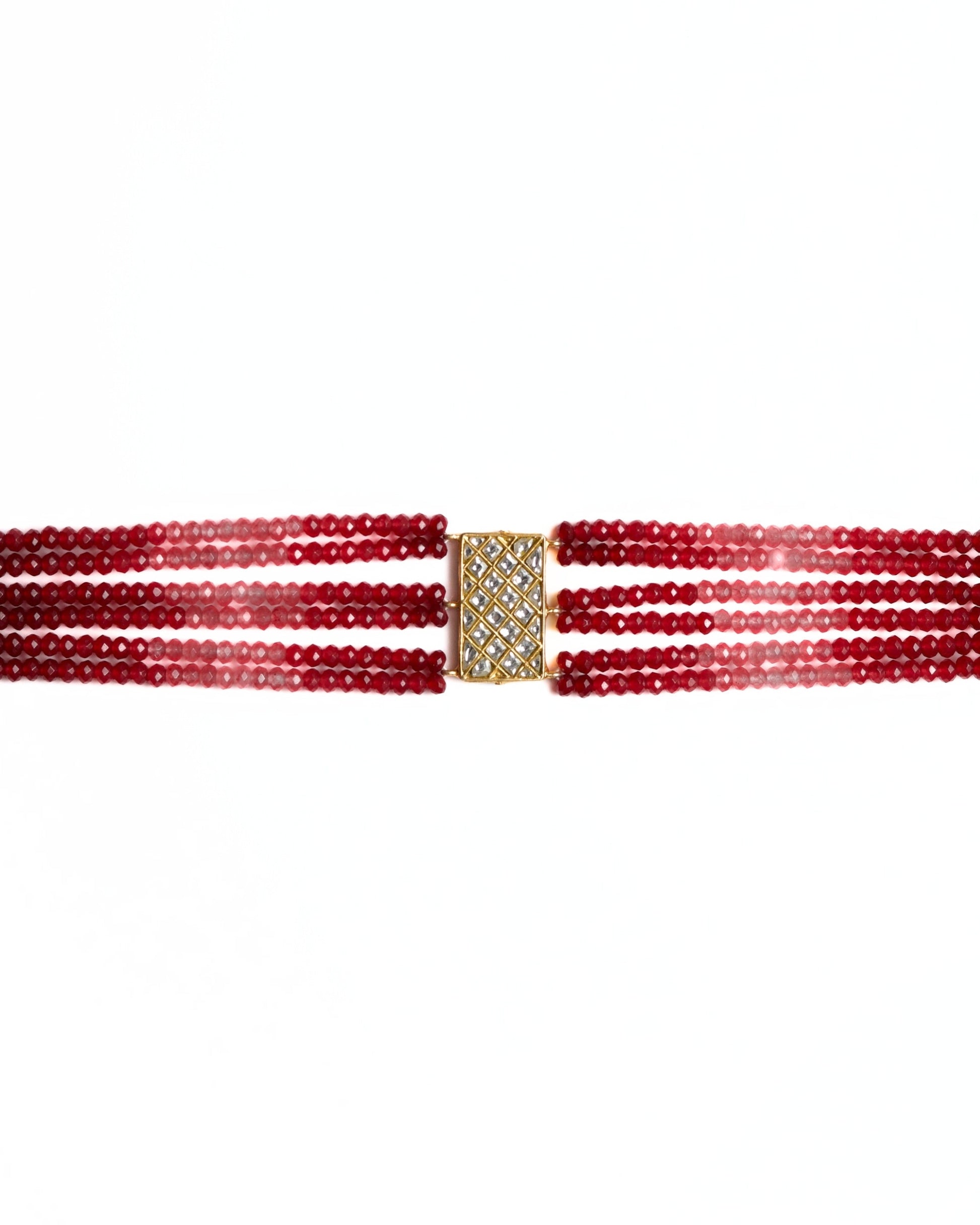 925 silver gold-polished red multi-strand choker with kundan lattice rectangular clasp and faceted crimson beads