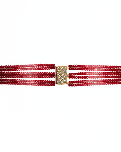 925 silver gold-polished red multi-strand choker with kundan lattice rectangular clasp and faceted crimson beads