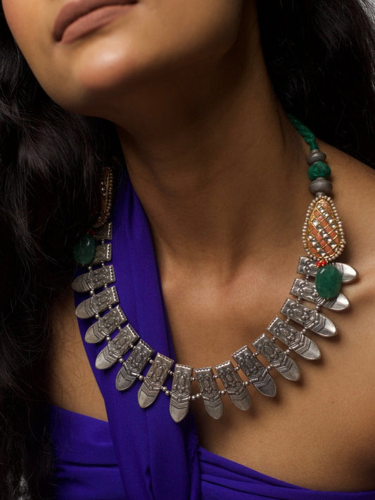 Form of the Feminine Necklace – 92.5 silver sculpted goddess face necklace with peach kundan, green stone drops, and adjustable thread dori