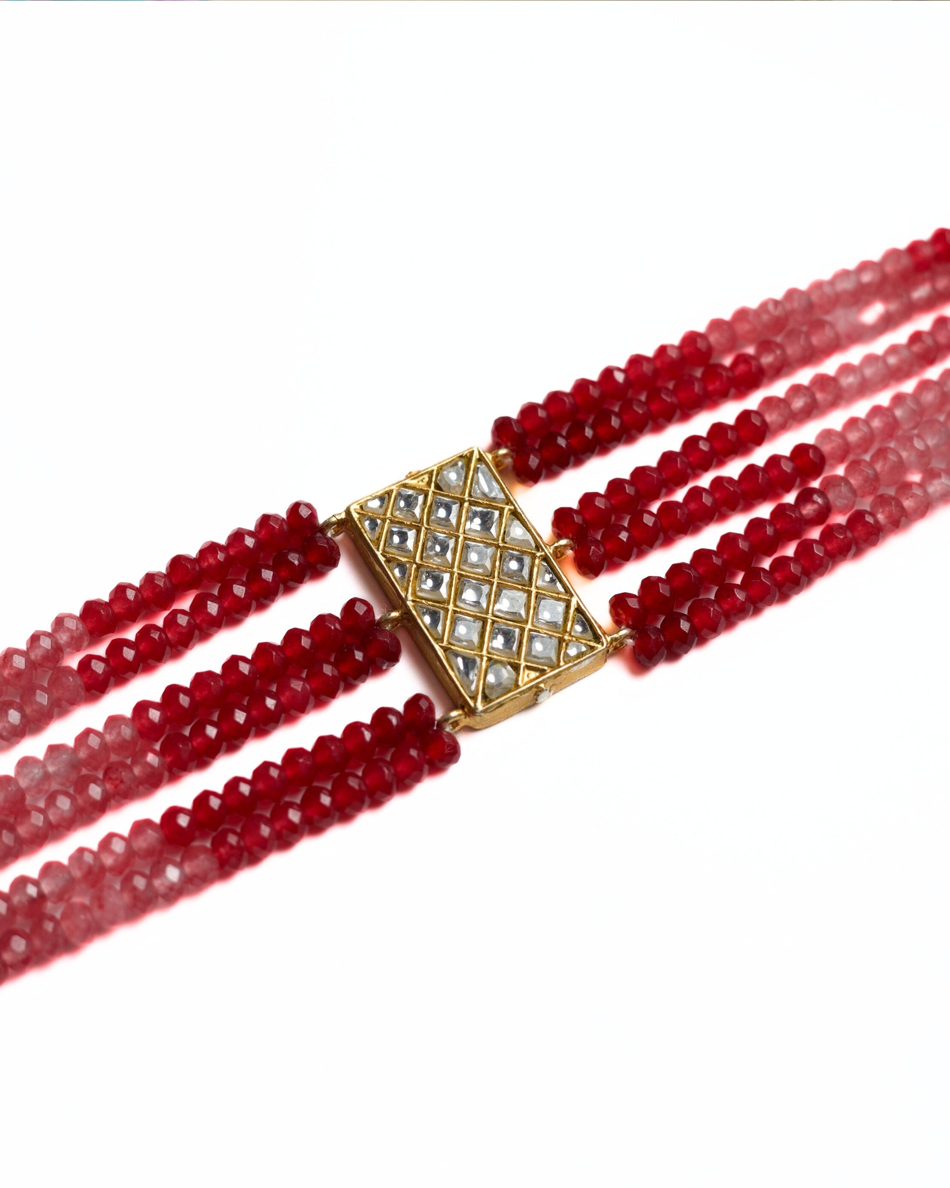 925 silver gold-polished red multi-strand choker with kundan lattice rectangular clasp and faceted crimson beads