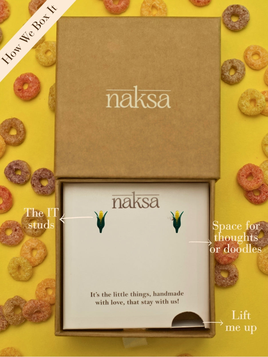 Corn & On & On & On Studs by Naksa—fun enamel corn cob earrings in 92.5 silver, perfect for snack lovers and quirky gifting.