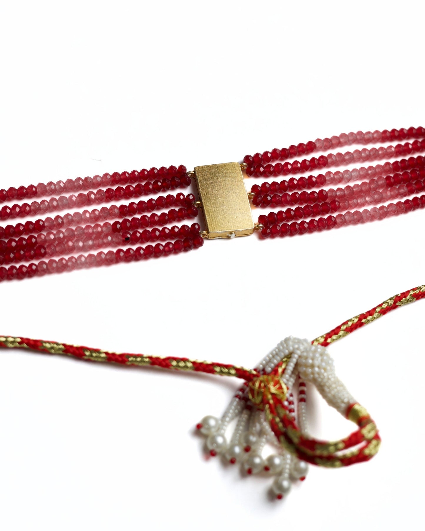 925 silver gold-polished red multi-strand choker with kundan lattice rectangular clasp and faceted crimson beads