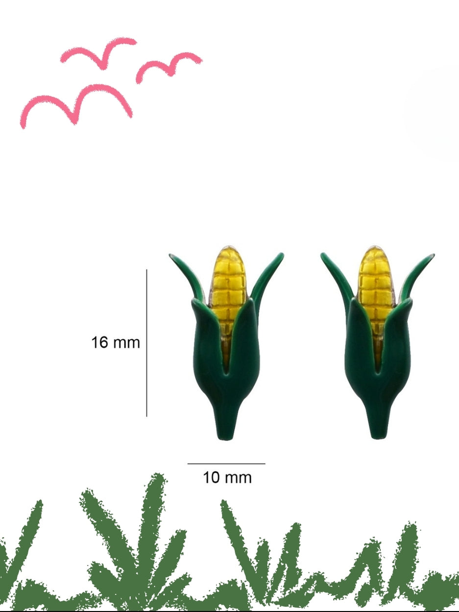 Corn & On & On & On Studs by Naksa—fun enamel corn cob earrings in 92.5 silver, perfect for snack lovers and quirky gifting.