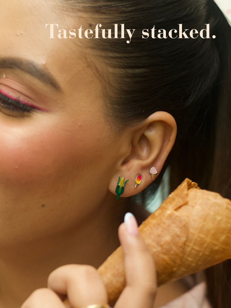 Corn & On & On & On Studs by Naksa—fun enamel corn cob earrings in 92.5 silver, perfect for snack lovers and quirky gifting.