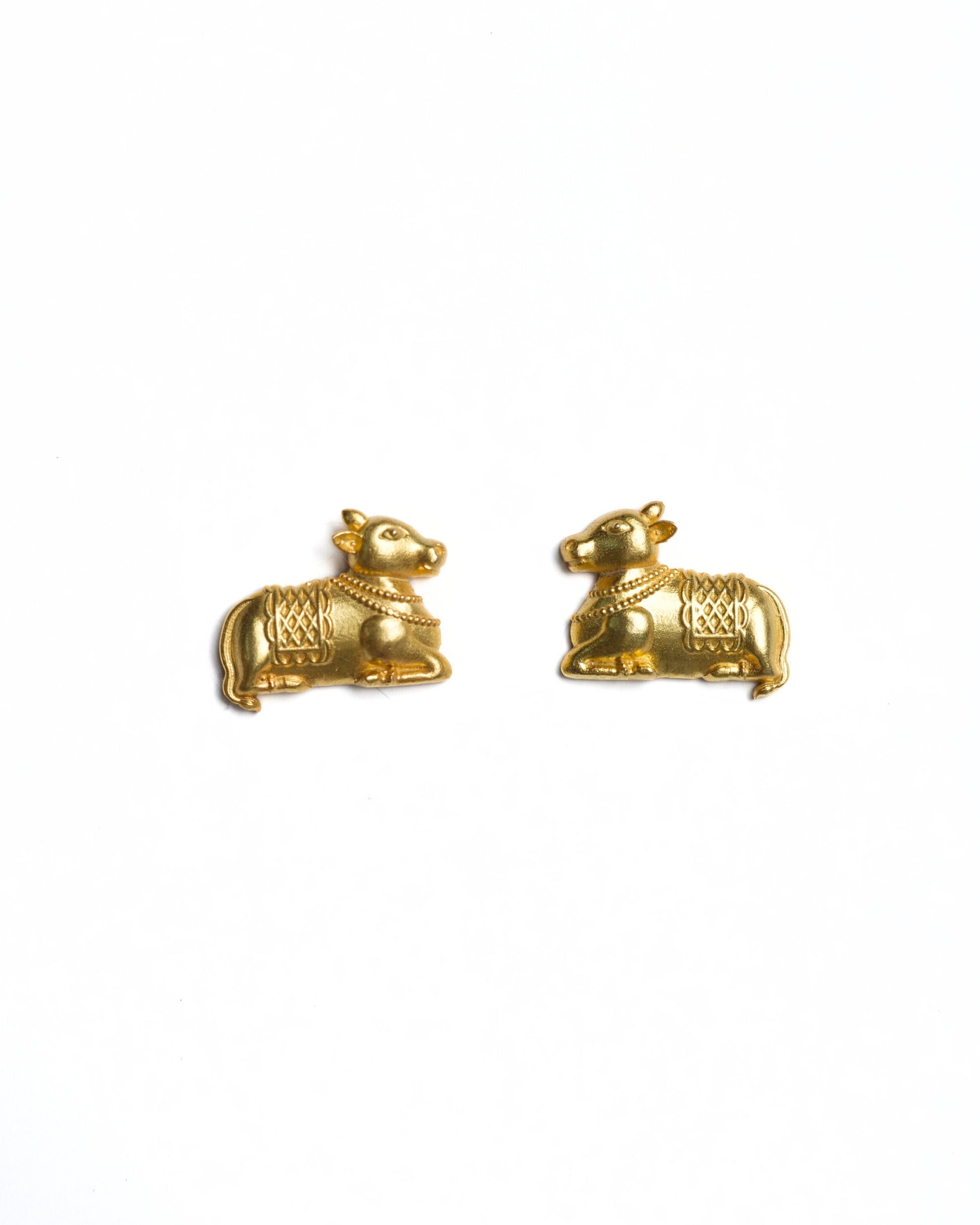 925 silver gold-polished Nandi bull motif stud earrings with detailed carving and temple-inspired design