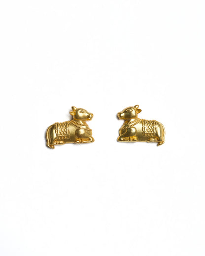 925 silver gold-polished Nandi bull motif stud earrings with detailed carving and temple-inspired design