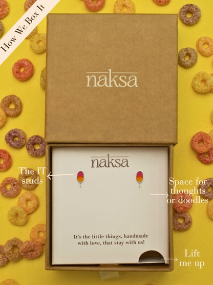 Sweet Slurprise Studs by Naksa—fun popsicle-shaped earrings in pink and orange enamel on 92.5 silver, inspired by summer slush and chuski love.