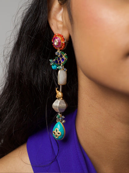 Long 92.5 silver fusion earrings with kundan red tops, faceted beads, turquoise floral drops, and handcrafted multicolor details