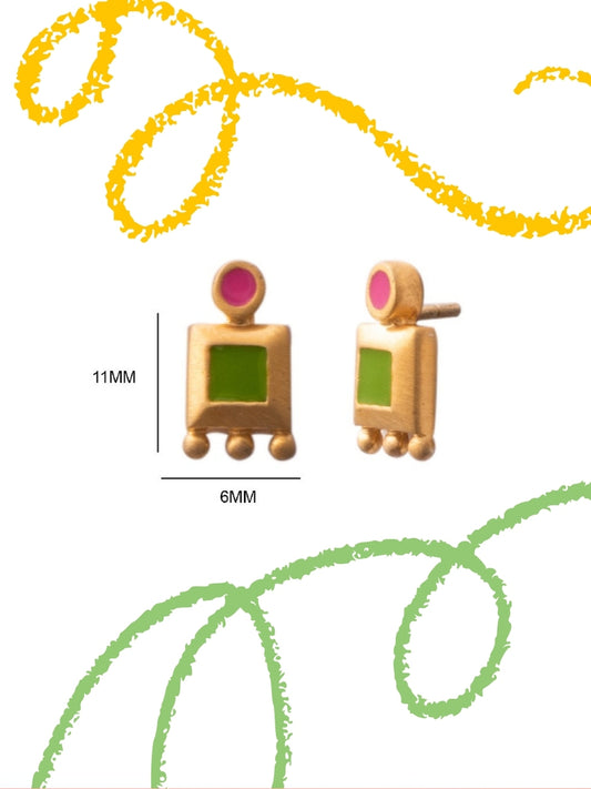 Mini Mithai Studs by Naksa—green and pink 925 silver earrings with enamel and gold polish, inspired by mithai box shapes.