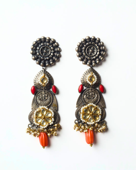 925 silver floral medallion earrings with kundan-style detailing by Naksa