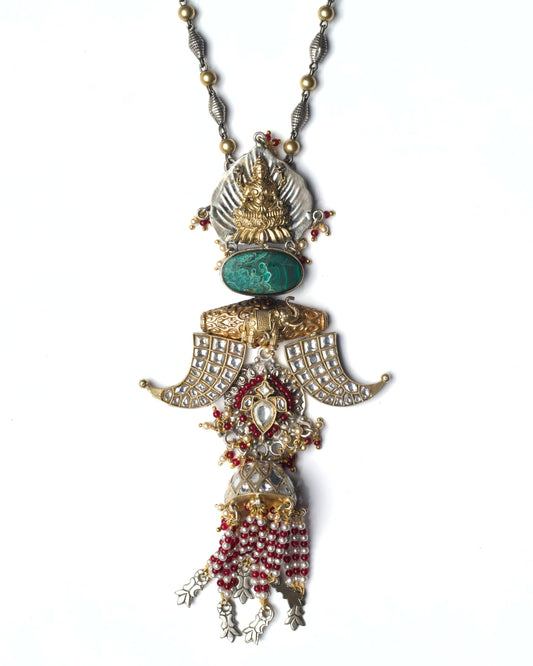 Long oxidised silver Hanging Sanctum Necklace with kundan detailing, layered motifs, central green stone, and bead cluster drops