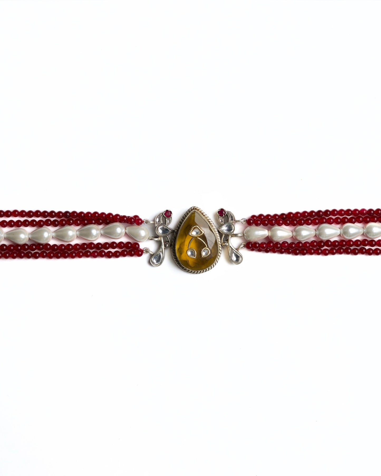 Multi-strand red bead choker in 925 silver with gold polish, pearl accents, and a large honey-toned teardrop stone centre pendant.