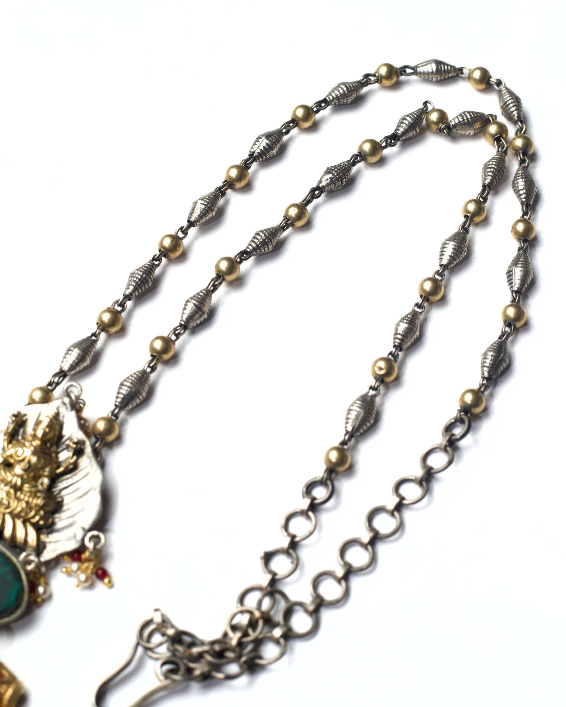 Detailed view of Hanging Sanctum Necklace chain featuring oxidised silver links and hand-finished texture