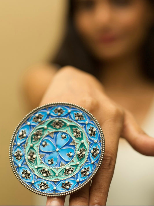Whirling Sky Enamel Ring by Naksa—oversized 925 silver statement ring with blue meenakari mandala, convertible as pendant or brooch.