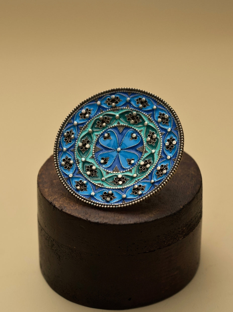Whirling Sky Enamel Ring by Naksa—oversized 925 silver statement ring with blue meenakari mandala, convertible as pendant or brooch.