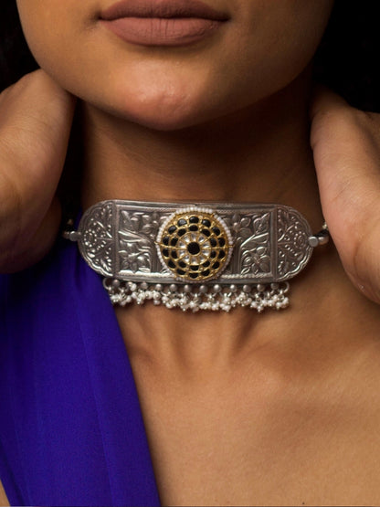 Hand-engraved 92.5 silver choker with floral motif, black enamel centre, kundan detailing, and pearl fringe – The Floral Vault Choker by Naksa