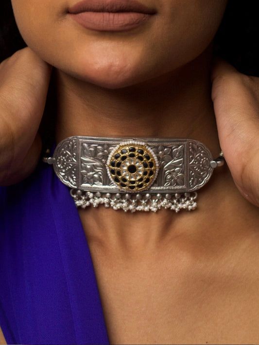 Hand-engraved 92.5 silver choker with floral motif, black enamel centre, kundan detailing, and pearl fringe – The Floral Vault Choker by Naksa
