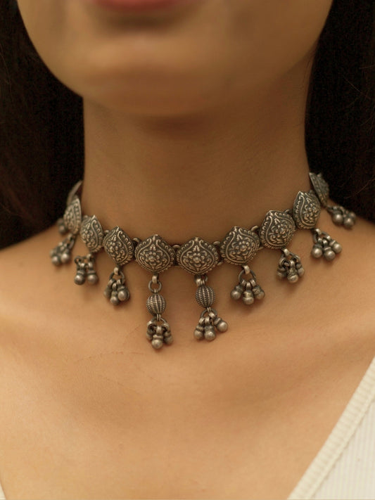 Purna Kalash Choker by Naksa—oxidized 925 silver choker with kalash motifs and ghungroo danglers, inspired by Indian temple iconography.