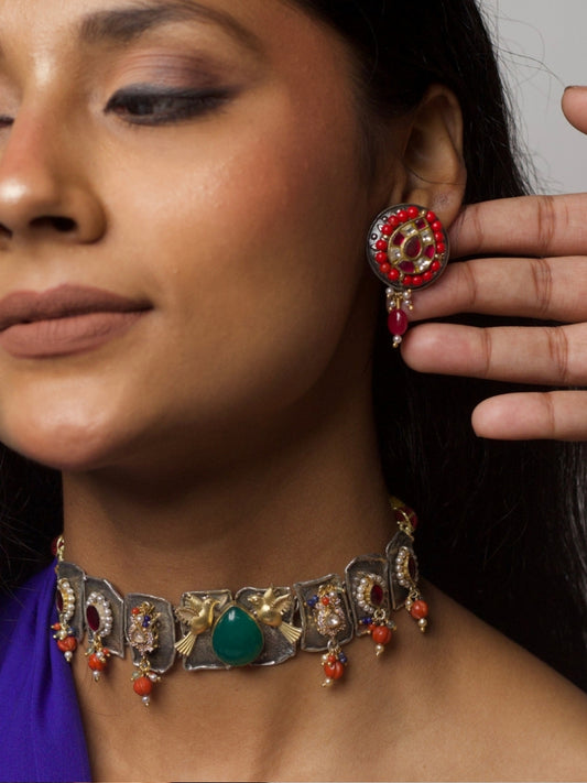 Fusion festive choker and earring set in silver, worn with a deep blue drape – The Song of Spring Set